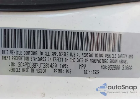 2018 Dodge Journey Sxt z USA, uszkodzony, nr VIN 3C4PDCBB7JT381420